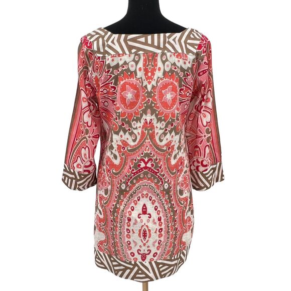 Pomodoro Embroidered Beaded Floral Square Neckline Pink Tan Shift Dress Sz 6 - Picture 2 of 6